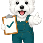 Axis Electric mascot westie holding a compliance checklist clipboard
