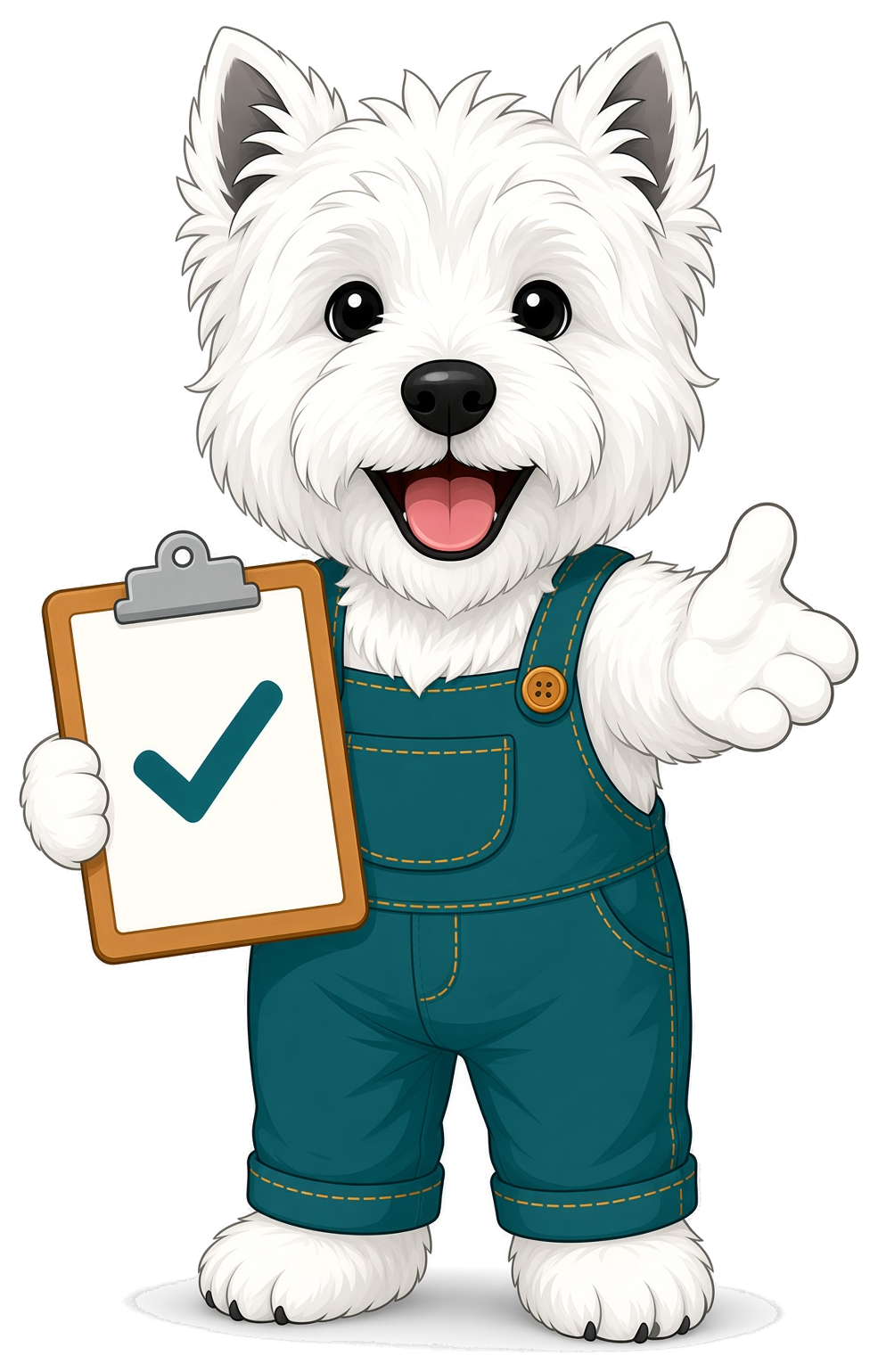 Axis Electric mascot westie holding a compliance checklist clipboard
