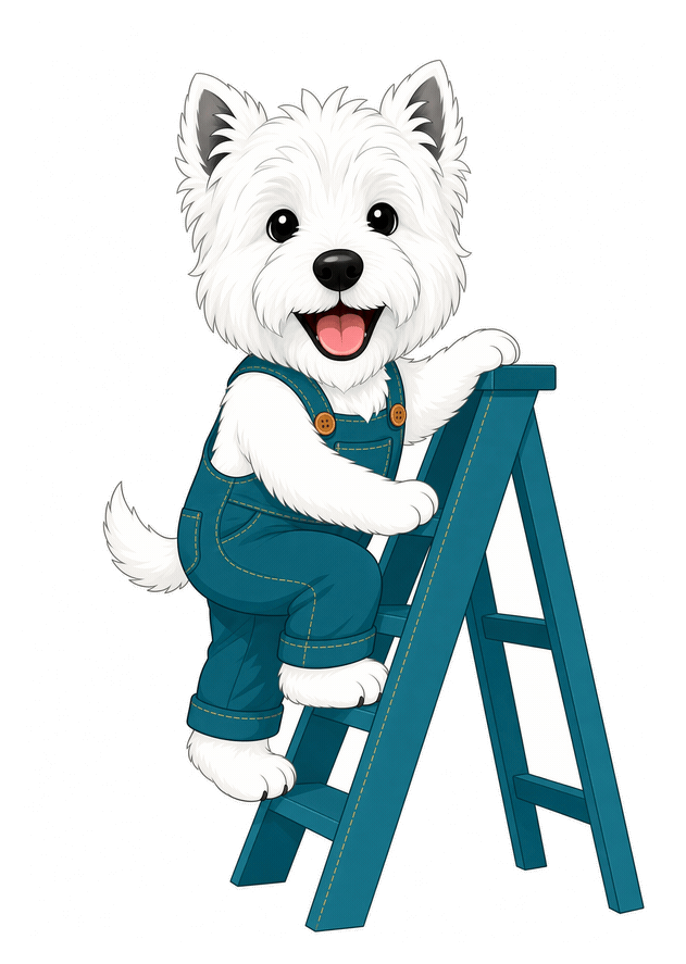 Axis Electric mascot westie climbing a ladder, illustrating Fire Alarms