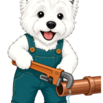 Axis Electric mascot westie with a pipe wrench and copper pipe, illustrating Air Source Heat Pumps