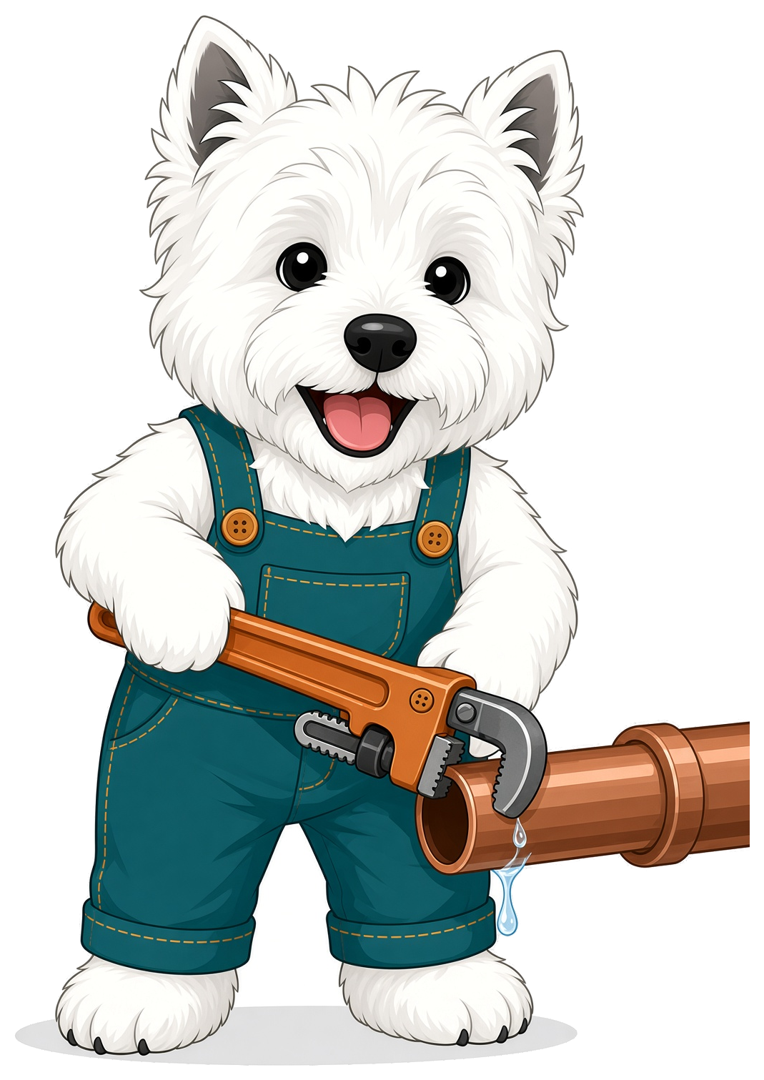 Axis Electric mascot westie with a pipe wrench and copper pipe, illustrating Air Source Heat Pumps