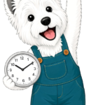 Axis Electric mascot westie reaching up to a smoke alarm with a clock, illustrating Smoke Alarms