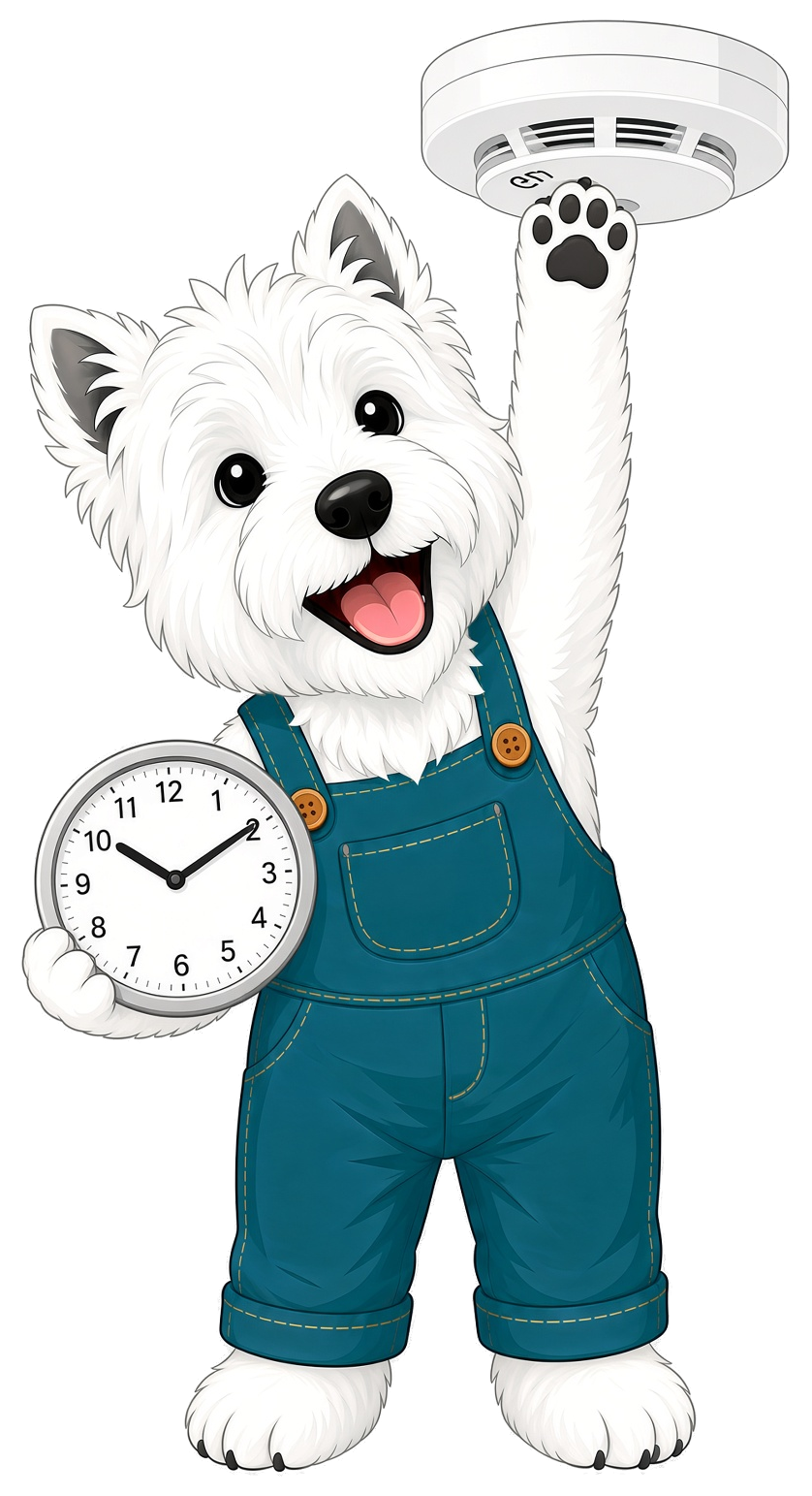 Axis Electric mascot westie reaching up to a smoke alarm with a clock, illustrating Smoke Alarms